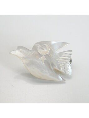 Vintage Mother Of Pearl Peace Dove Brooch Pin Carved Crescent Cross Bethlehem